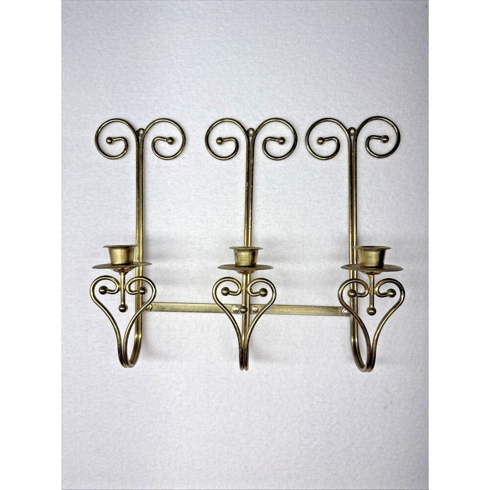 Home Interiors Brass Tone Triple Wall Candle Sconce 3 Arm Scroll 14" Vintage - Picture 1 of 10